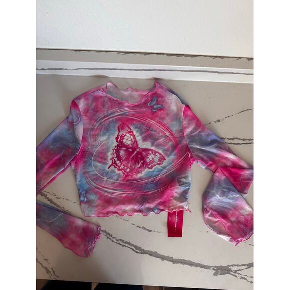 Shein NWT Mesh Long Sleeve Butterfly Print Top Pink Blue Y2K Aesthetic Medium - Picture 3 of 8